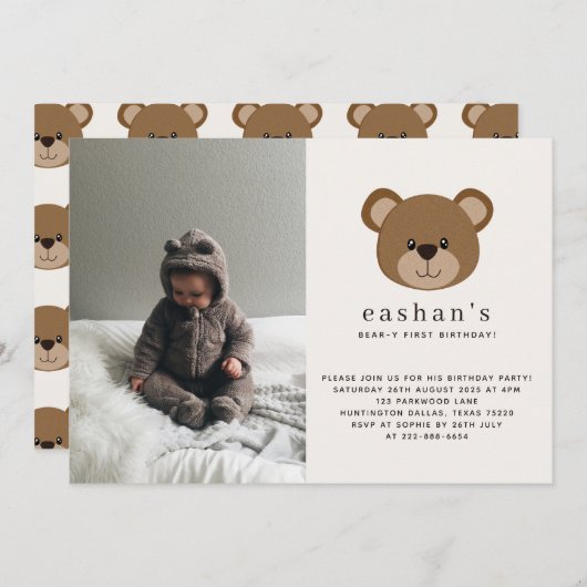 Einfache Niedliche Bearly One Foto 1. Geburtstag Einladung (Vorne/Hinten)