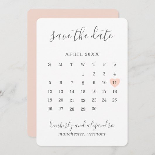 Einfache Niedliche Peach Heart Calender Wedding Save The Date (Vorne/Hinten)