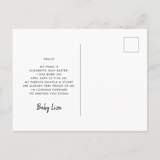 Einfache niedliche Schriftart Hallo Weltgeburtserk Postkarte (Rückseite)