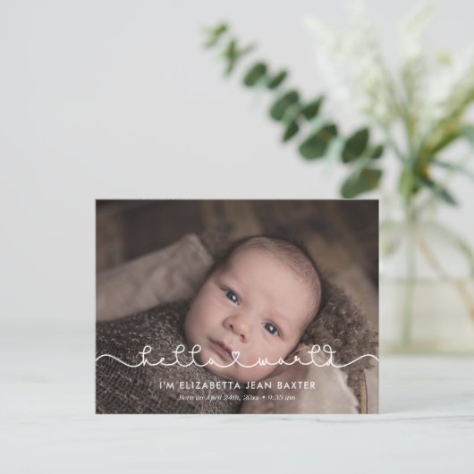 Einfache niedliche Schriftart Hallo Weltgeburtserk Postkarte (Stehend Vorderseite)