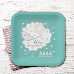 Einfache Niedliche Springlehre Cyan & White 1. Geb Pappteller<br><div class="desc">Diese niedliche Papiertafel aus dem 1. Party aus dem 1. Geburtstag ist mit handgezeichnet Lammbild (Schafe) mit Blume-Haarclip, Polka-Punkten und geometrischen Formen, die in Rosa, Weiß, Zyan und Lavendel erhältlich sind, ausgestattet. Für eine erweiterte Anpassung dieses Designs klicken Sie bitte auf den "BLUE DESIGN TOOL BUTTON", um Schriftart, Größe, Farbe...</div>