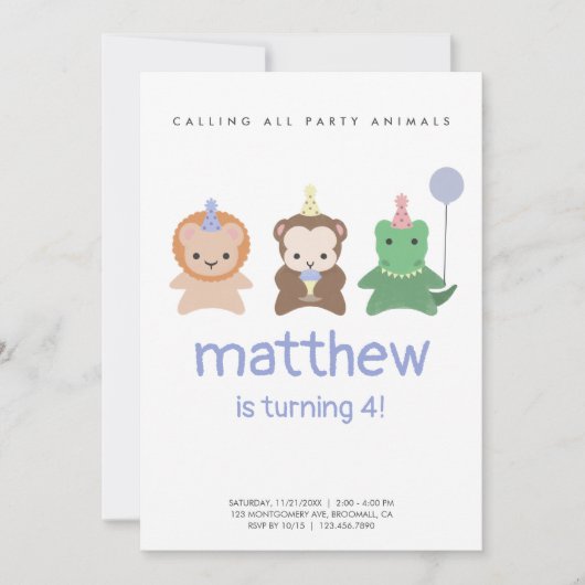 Einfache Niedliche Tiere Minimaler Geburtstag Einladung (Vorderseite)