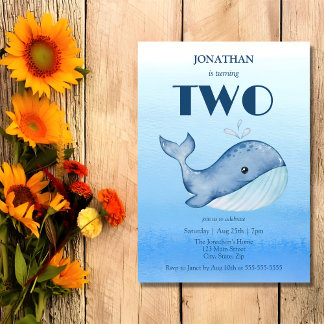 Einfache Niedliche Whale Blue Sea 2. Geburtstag Einladung