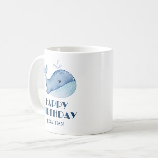 Einfache Niedliche Whale Blue Sea Happy Birthday Kaffeetasse (Vorderseite Links)