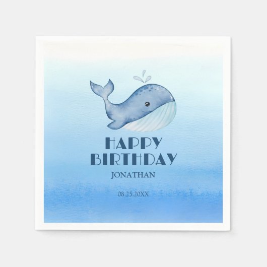 Einfache Niedliche Whale Blue Sea Happy Birthday Serviette (Vorderseite)