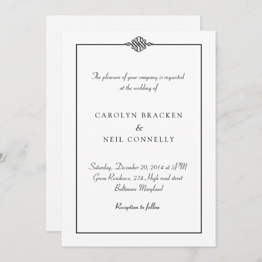Einfache noble Schwarz-weiße Hochzeits-Mitteilung Einladung (Vorne/Hinten)