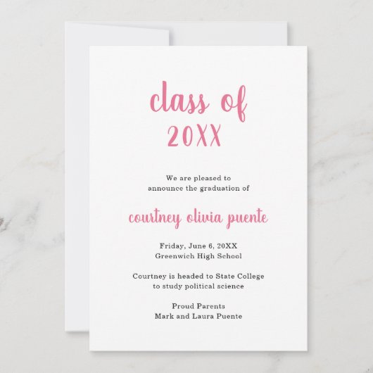 Einfache Non-Foto-Rosa-Abschluss Ankündigung (Vorderseite)