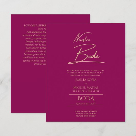 Einfache Nuestra BODA Spanischer Hochzeitstext nur (Vorne/Hinten)