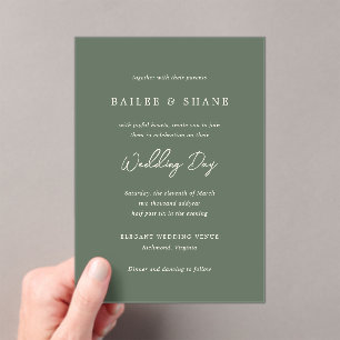 Einfache Olive Green Moderne Hochzeit Acryleinladungen