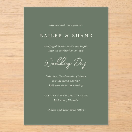 Einfache Olive Green Moderne Hochzeit Acryleinladungen (Vorderseite)