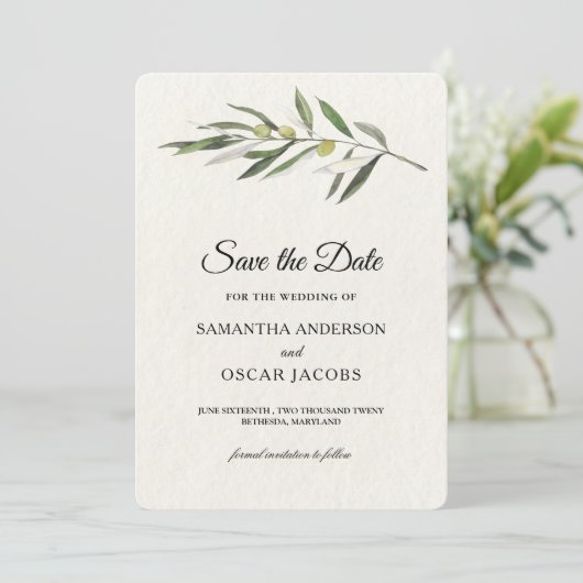 Einfache Olive-Zweigstelle Save The Date (Stehend Vorderseite)