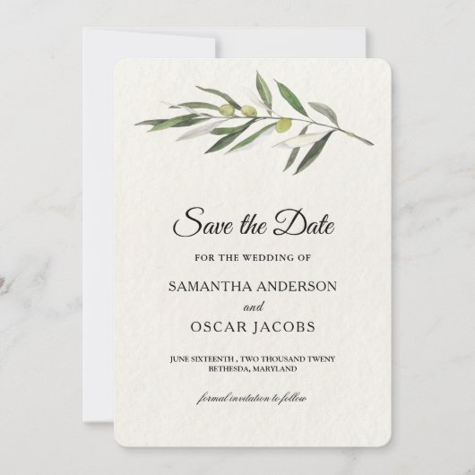 Einfache Olive-Zweigstelle Save The Date (Vorderseite)
