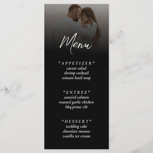 Einfache Ombre Black Foto Hochzeitsempfehlung Menükarte (Vorderseite)