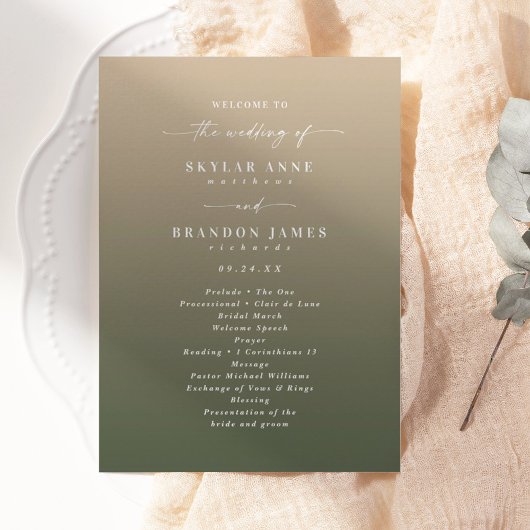 Einfache Ombre Dark Green & Gold Hochzeit Zeremoni Programm