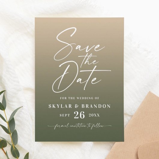 Einfache Ombre Gradient Gold & Forest Green Weddin Save The Date