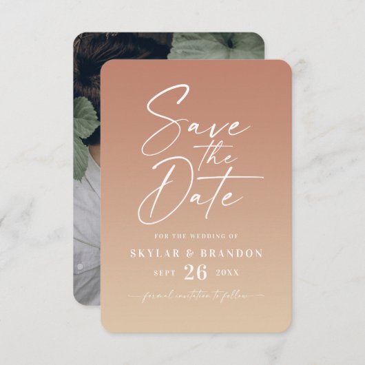 Einfache Ombre Gradient Terracotta & Gelbe Hochzei Save The Date (Vorne/Hinten)