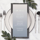 Einfache Ombre Off-White & Dusty Blue Wedding Menü Menükarte<br><div class="desc">Einfache Ombre Off-White & Dusty Blue Rezeption Abendessen Hochzeit Dinner Menus. Diese moderne schicke Menu-Karte ist einfach klassisch und elegant mit einem subtilen ombre-Farbverlauf und einem hübschen Signatur-Script-Kalligraphie-Schriftart mit Schwänzen. Im neuen Farbraum gezeigt. Erhältlich in mehreren Farboptionen, oder fühlen Sie sich frei, die Farben aus dem Editor zu bearbeiten (klicken...</div>