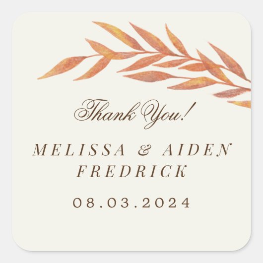 Einfache Orange Branch Autumn Gastgeschenk Hochzei Quadratischer Aufkleber (Vorderseite)