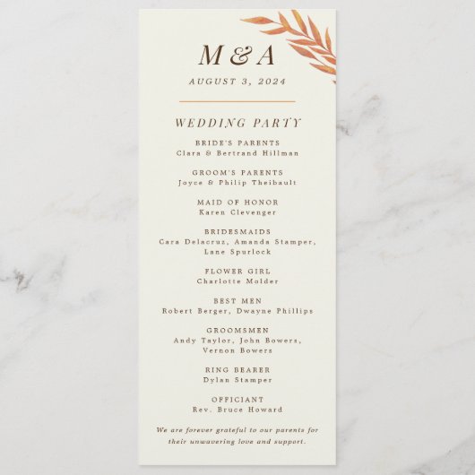 Einfache Orange Branch-Hochzeit im Herbst Programm (Rückseite)