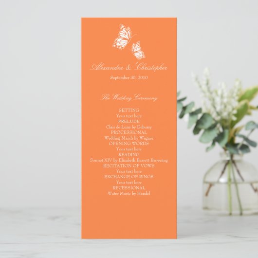 Einfache Orange Butterflies Hochzeitsprogramm Programm (Stehend Vorderseite)