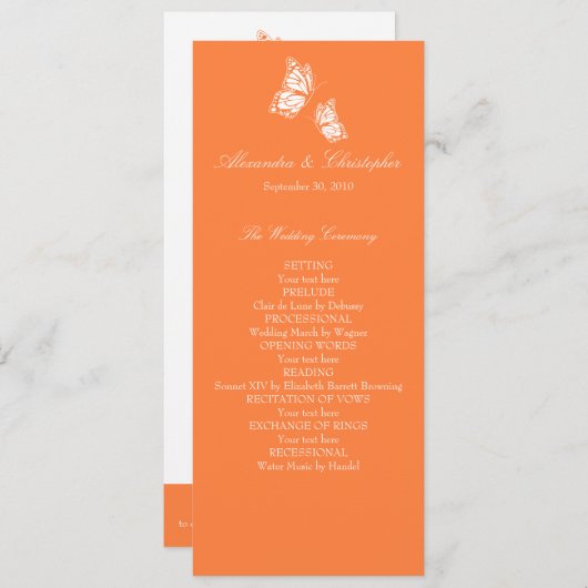 Einfache Orange Butterflies Hochzeitsprogramm Programm (Vorne/Hinten)