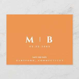 Einfache Orange Monogram Wedding Save the Date Postkarte