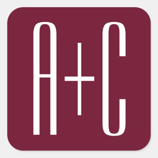 Einfache Paare Initialen | White & Burgund Quadratischer Aufkleber (Vorderseite)