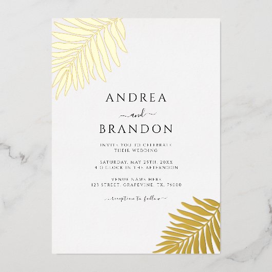 Einfache Palm Tree Blätter mit Qr Code Gold Folieneinladung (Vorderseite)