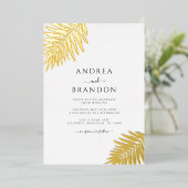 Einfache Palm Tree Blätter mit Qr Code Gold Folieneinladung (Stehend vorne)