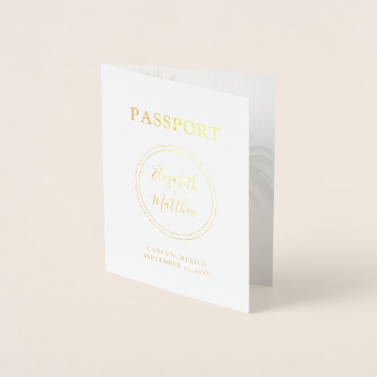 Einfache Passport-Einladung Strand Hochzeit Gold F Folienkarte (Vorderseite)