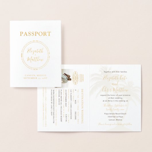 Einfache Passport-Einladung Strand Hochzeit Gold F Folienkarte (Anzeige)