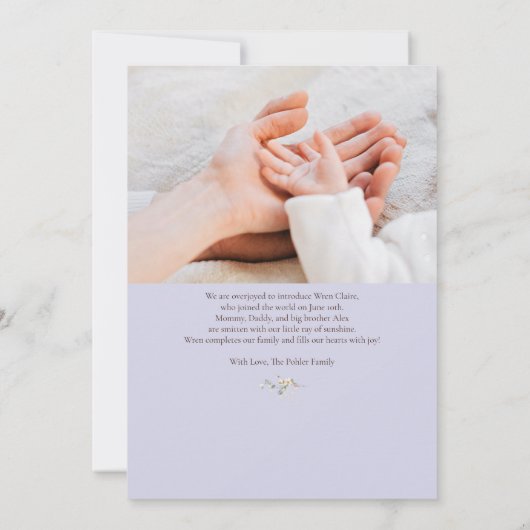 Einfache Pastel Lila Blumengeburt Ankündigung (Rückseite)