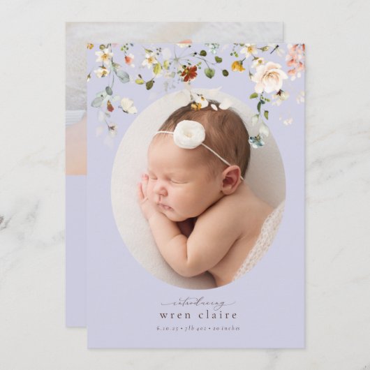 Einfache Pastel Lila Blumengeburt Ankündigung (Vorne/Hinten)