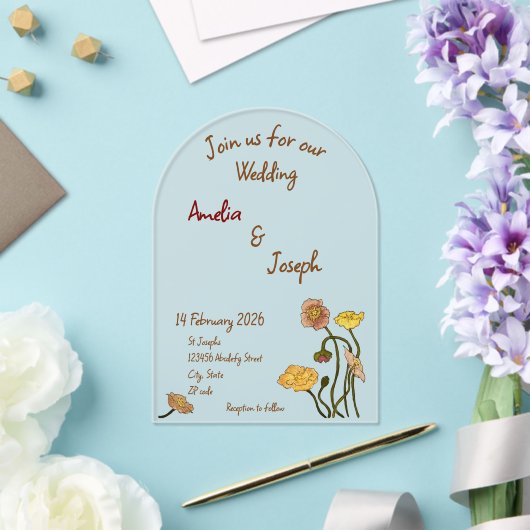 Einfache Pastel Minimal Poppy Wasserfarbenhochzeit Acryleinladungen (Insitu (Hochzeit))