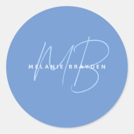 Einfache Pastell Blau-Minimalistisch-Monogramm-Bez Runder Aufkleber
