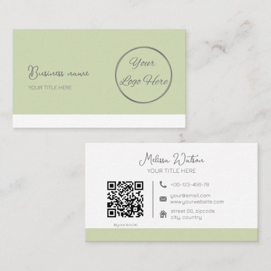 Einfache, pastellgrüne QR-Code feminin Visitenkarte (Vorne/Hinten)