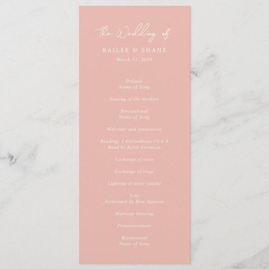 Einfache Peach Moderne Hochzeit Programm (Vorderseite)