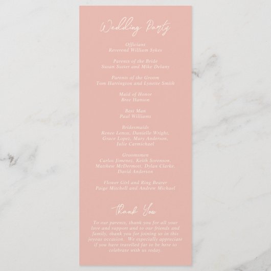 Einfache Peach Moderne Hochzeit Programm (Rückseite)