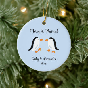 Einfache Penguin Couple Verheiratete Verlobte Weih Keramik Ornament