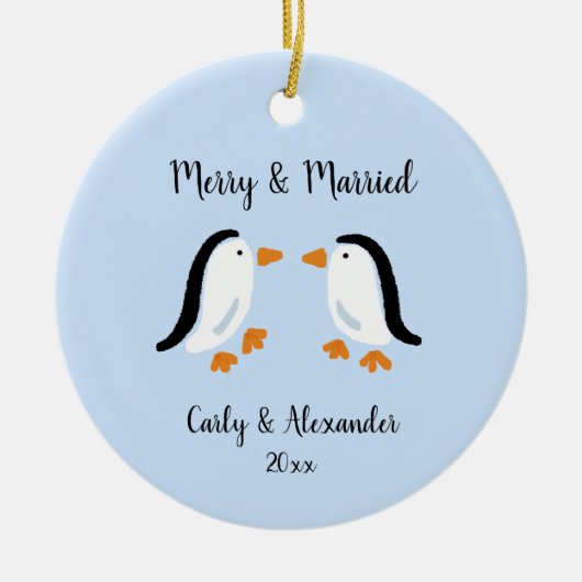 Einfache Penguin Couple Verheiratete Verlobte Weih Keramik Ornament (Vorne)