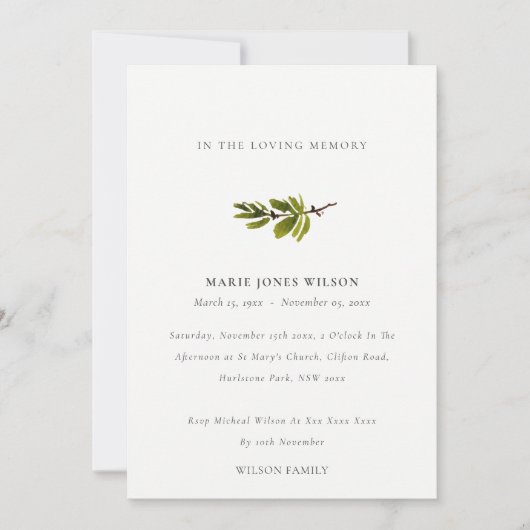 Einfache Pine Branch Foliage Memorial Service Card Dankeskarte (Vorderseite)