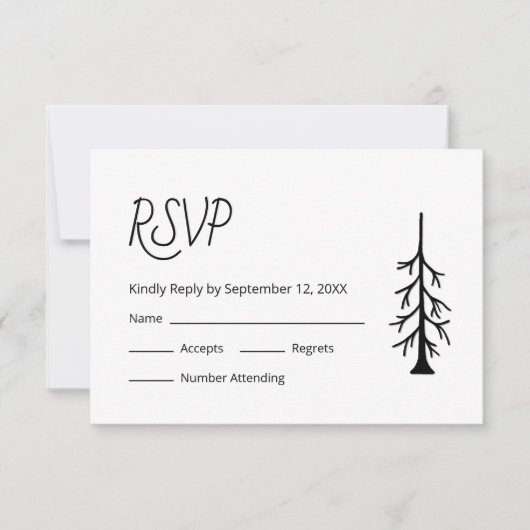 Einfache Pine Tree Lässige Schwarz-weiße Hochzeit RSVP Karte (Vorderseite)