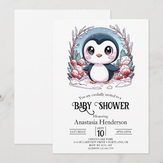 Einfache Pinguin-Babydusche Einladung (Vorne/Hinten)