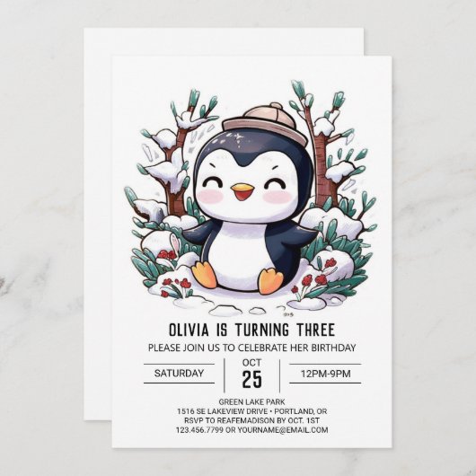 Einfache Pinguine zum Geburtstag Einladung (Vorne/Hinten)