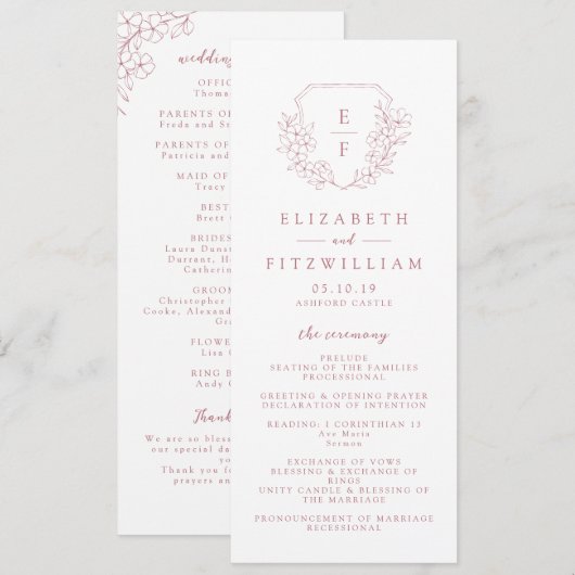 Einfache Pink Cherry Blossom Monogram Wedding Programm (Vorne/Hinten)