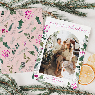 Einfache Pink Winter Botanische Foto Weihnachtskar Feiertagskarte