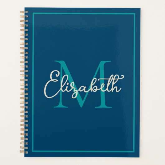 Einfache Preppy Navy Aquamarin und Creme Monogram Planer (Vorderseite)