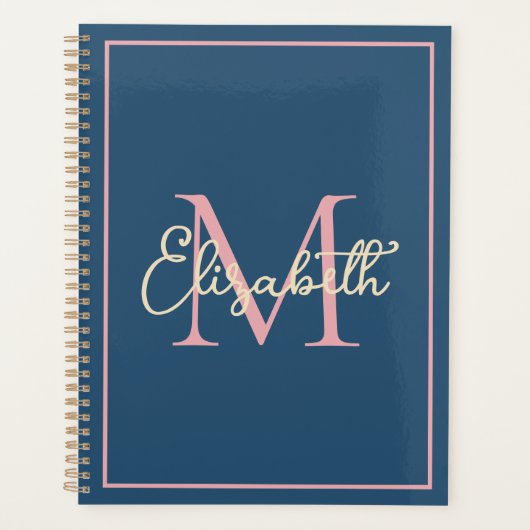 Einfache Preppy Navy Pink und Creme Monogram Planer (Vorderseite)