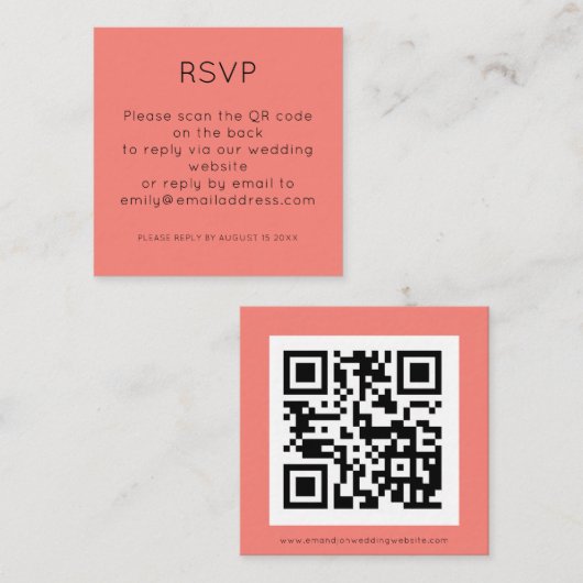 Einfache QR Code Coral Rose Hochzeit RSVP-Gehäuse Begleitkarte (Vorne/Hinten)