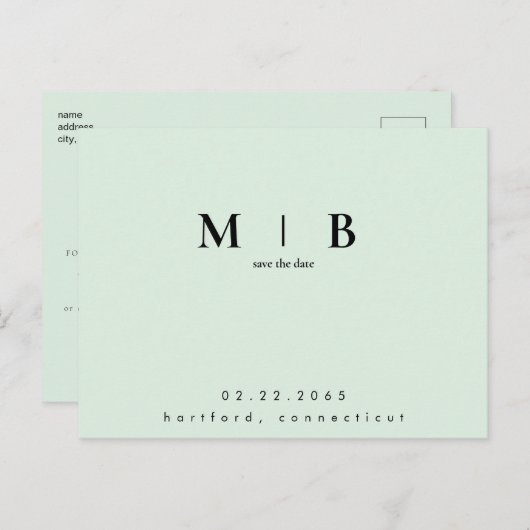 Einfache QR-Code für Monogramm-Minze Save the Date Postkarte (Vorne/Hinten)